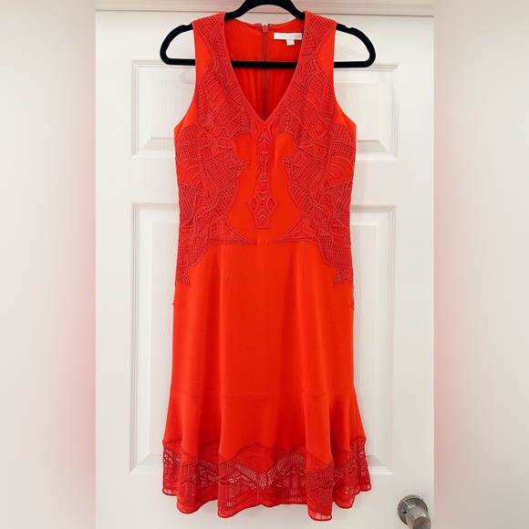 Jonathan Simkhai Red V-neck Sleeveless Lace Appliqué
Crepe Cocktail Dress sz 4 - Picture 8 of 13